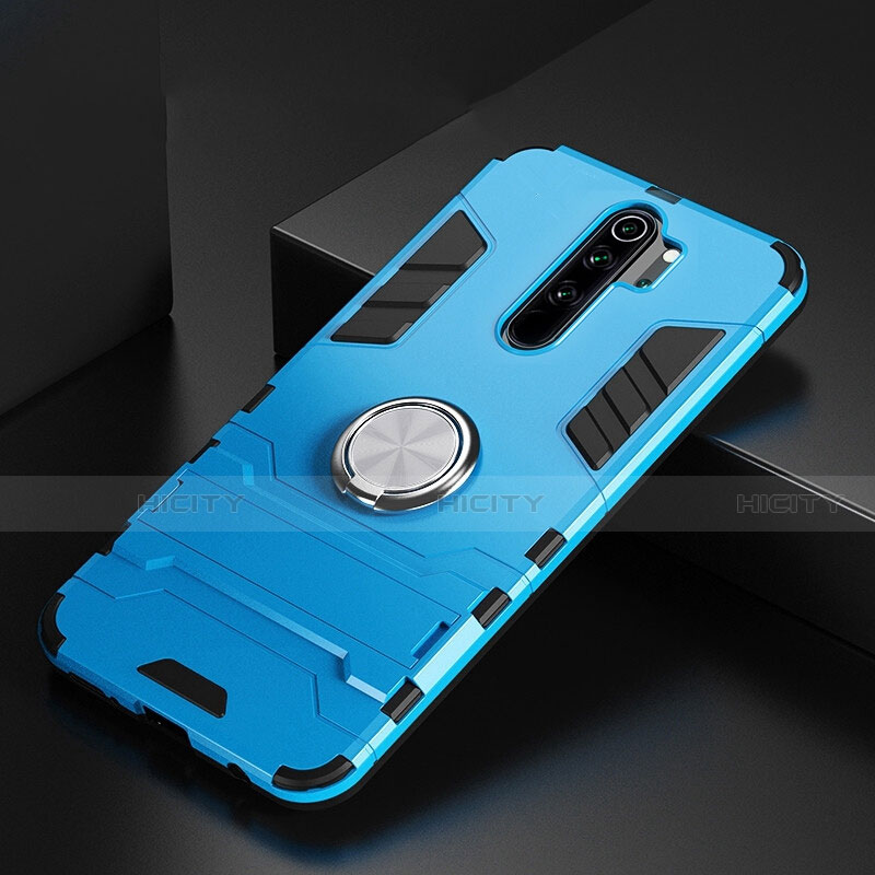 Funda Bumper Silicona y Plastico Mate Carcasa con Magnetico Anillo de dedo Soporte R02 para Xiaomi Redmi Note 8 Pro Azul Cielo