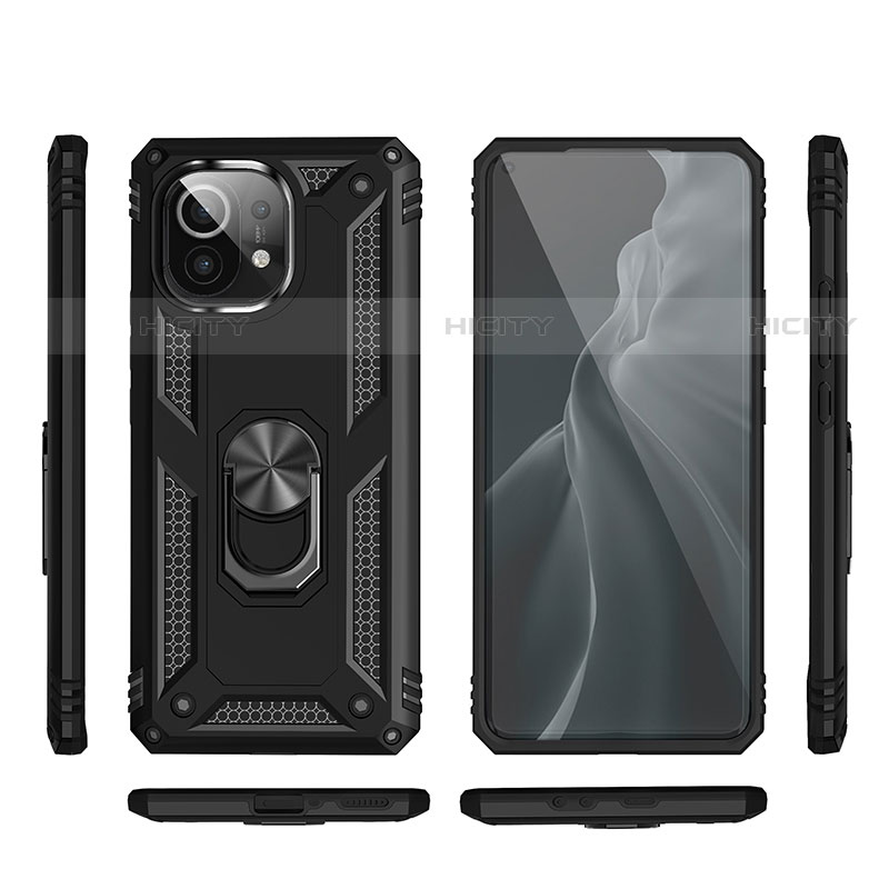 Funda Bumper Silicona y Plastico Mate Carcasa con Magnetico Anillo de dedo Soporte R03 para Xiaomi Mi 11 5G Negro