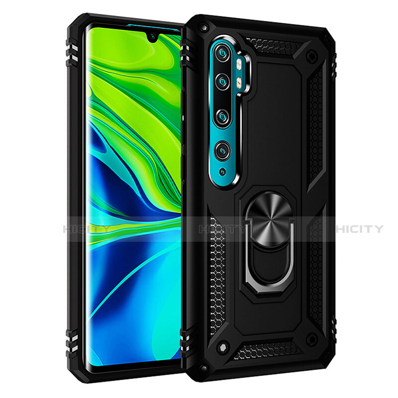 Funda Bumper Silicona y Plastico Mate Carcasa con Magnetico Anillo de dedo Soporte R03 para Xiaomi Mi Note 10 Negro