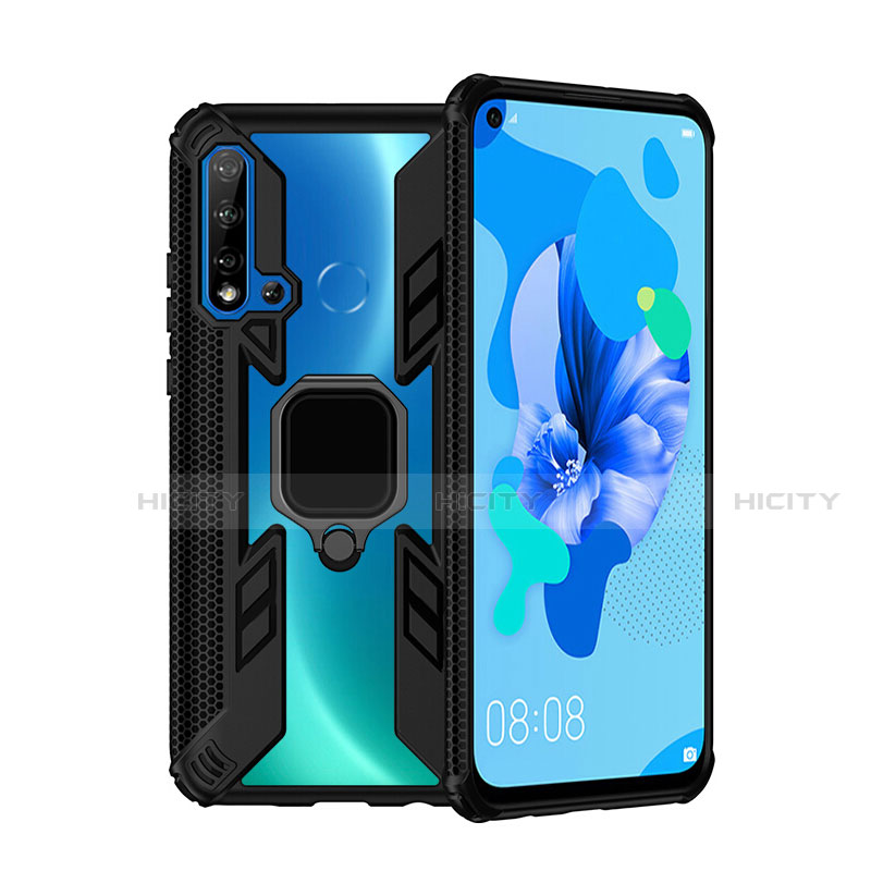 Funda Bumper Silicona y Plastico Mate Carcasa con Magnetico Anillo de dedo Soporte R04 para Huawei Nova 5i Negro