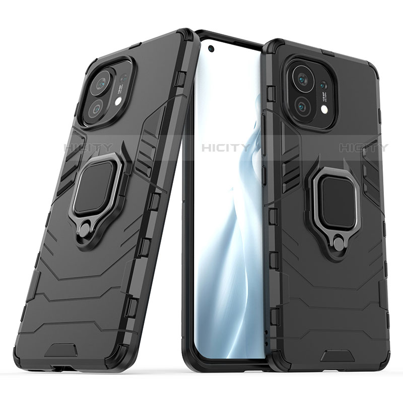Funda Bumper Silicona y Plastico Mate Carcasa con Magnetico Anillo de dedo Soporte R05 para Xiaomi Mi 11 5G Negro