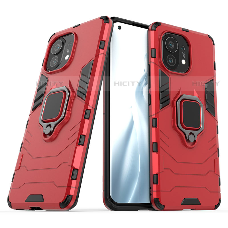 Funda Bumper Silicona y Plastico Mate Carcasa con Magnetico Anillo de dedo Soporte R05 para Xiaomi Mi 11 5G Rojo