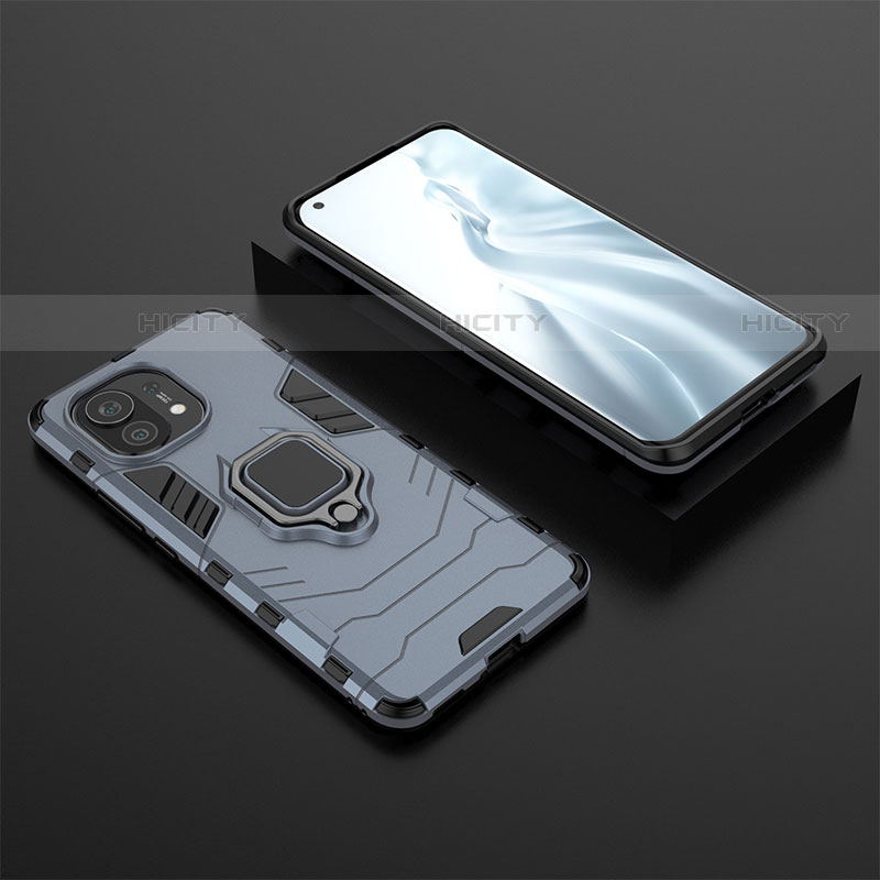 Funda Bumper Silicona y Plastico Mate Carcasa con Magnetico Anillo de dedo Soporte R07 para Xiaomi Mi 11 Lite 5G Azul