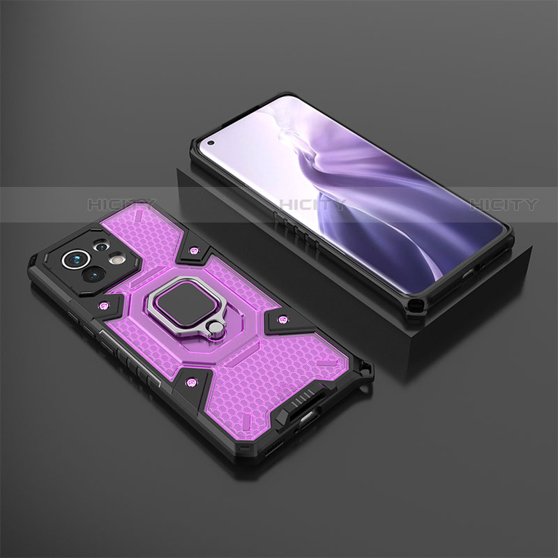 Funda Bumper Silicona y Plastico Mate Carcasa con Magnetico Anillo de dedo Soporte R11 para Xiaomi Mi 11 5G Morado