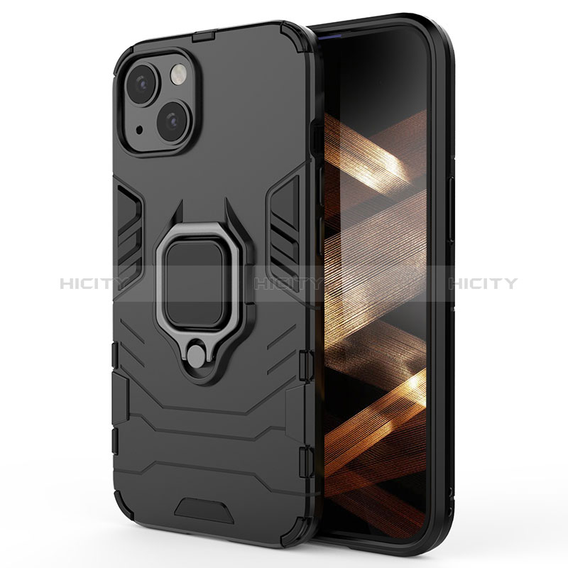 Funda Bumper Silicona y Plastico Mate Carcasa con Magnetico Anillo de dedo Soporte S01 para Apple iPhone 15 Plus Negro