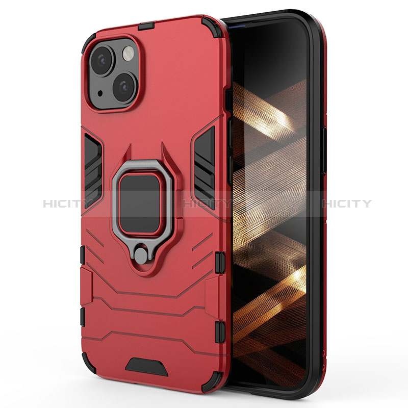 Funda Bumper Silicona y Plastico Mate Carcasa con Magnetico Anillo de dedo Soporte S01 para Apple iPhone 15 Plus Rojo