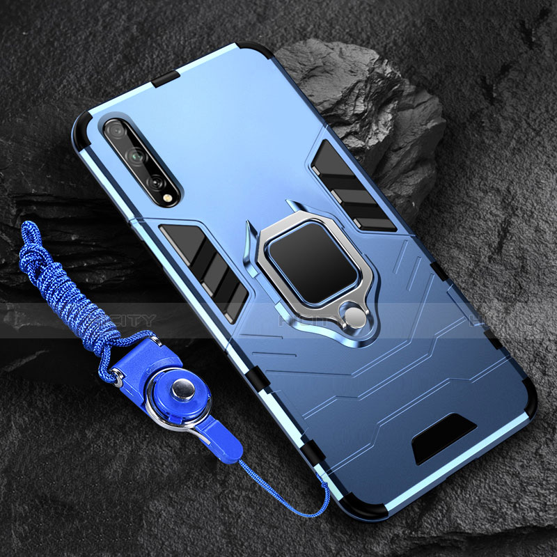 Funda Bumper Silicona y Plastico Mate Carcasa con Magnetico Anillo de dedo Soporte S01 para Huawei Enjoy 10S Azul