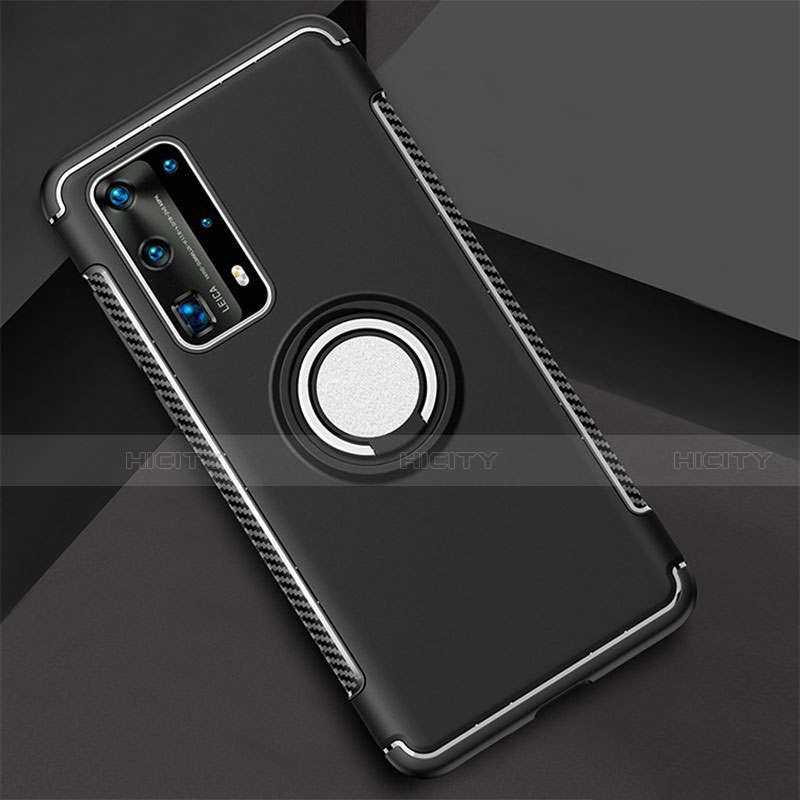 Funda Bumper Silicona y Plastico Mate Carcasa con Magnetico Anillo de dedo Soporte S01 para Huawei P40 Pro+ Plus Negro