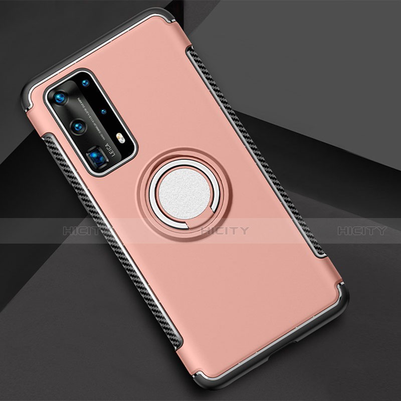 Funda Bumper Silicona y Plastico Mate Carcasa con Magnetico Anillo de dedo Soporte S01 para Huawei P40 Pro+ Plus Oro Rosa