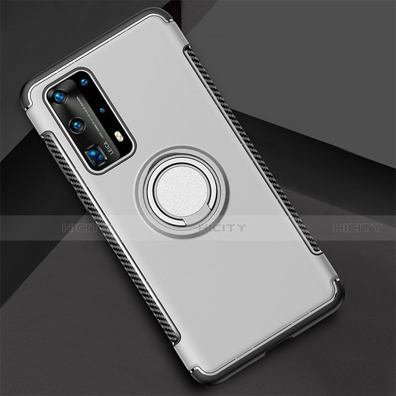 Funda Bumper Silicona y Plastico Mate Carcasa con Magnetico Anillo de dedo Soporte S01 para Huawei P40 Pro+ Plus Plata