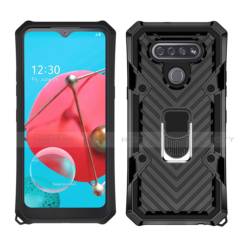 Funda Bumper Silicona y Plastico Mate Carcasa con Magnetico Anillo de dedo Soporte S01 para LG K51 Negro