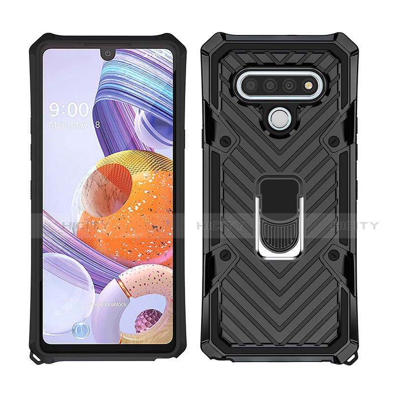 Funda Bumper Silicona y Plastico Mate Carcasa con Magnetico Anillo de dedo Soporte S01 para LG Stylo 6 Negro