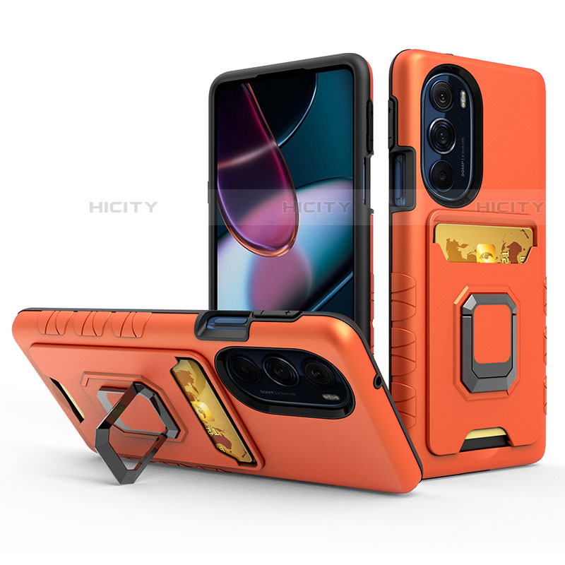 Funda Bumper Silicona y Plastico Mate Carcasa con Magnetico Anillo de dedo Soporte S01 para Motorola Moto Edge Plus (2022) 5G Naranja