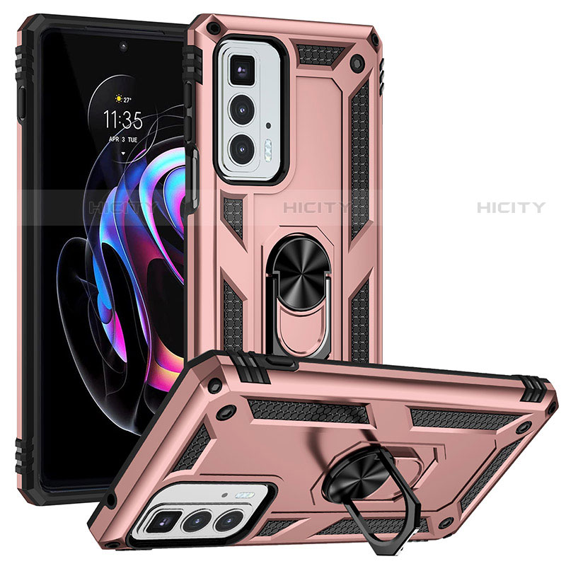 Funda Bumper Silicona y Plastico Mate Carcasa con Magnetico Anillo de dedo Soporte S01 para Motorola Moto Edge S Pro 5G Oro Rosa