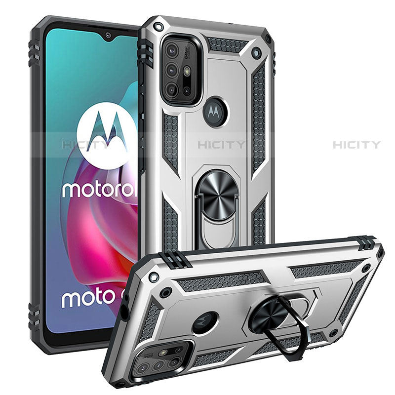 Funda Bumper Silicona y Plastico Mate Carcasa con Magnetico Anillo de dedo Soporte S01 para Motorola Moto G10 Plata