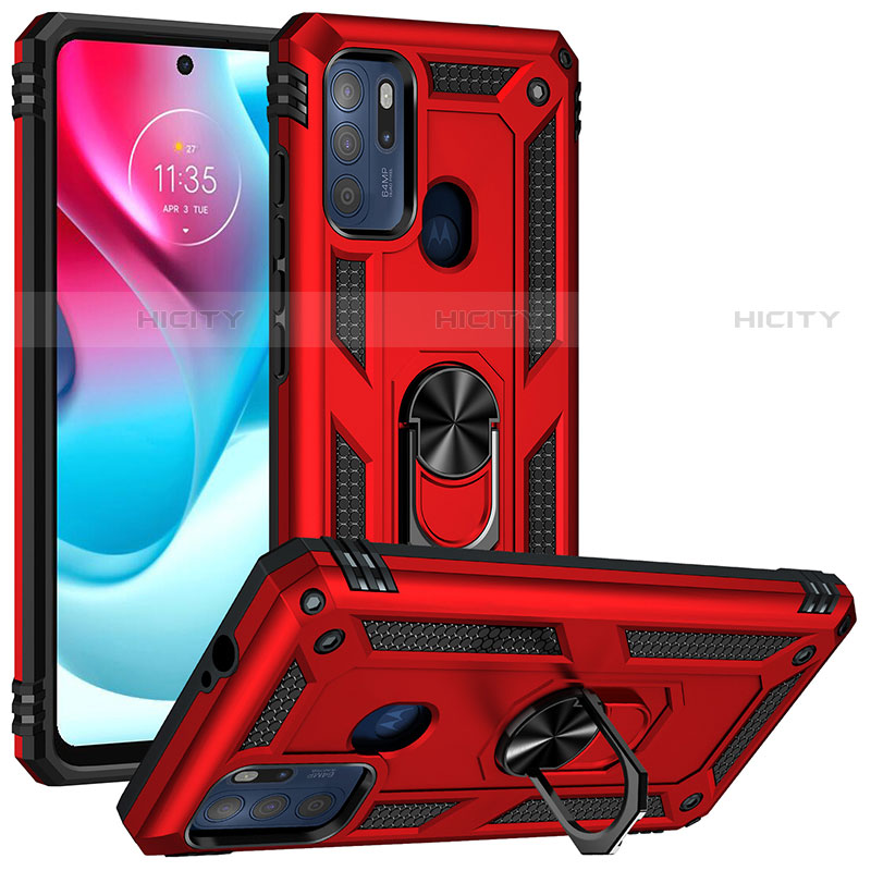 Funda Bumper Silicona y Plastico Mate Carcasa con Magnetico Anillo de dedo Soporte S01 para Motorola Moto G60s Rojo