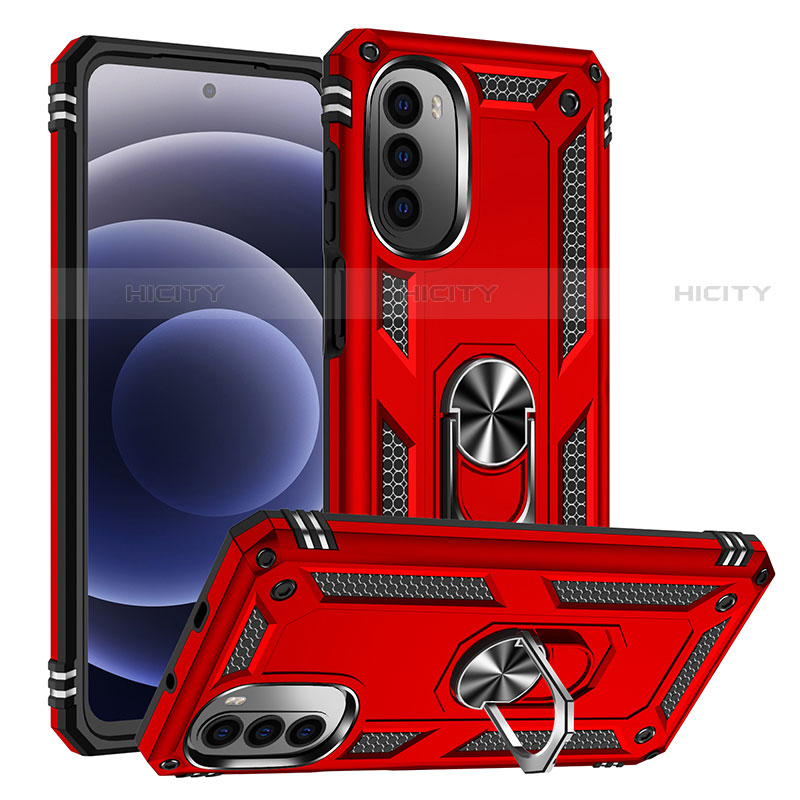 Funda Bumper Silicona y Plastico Mate Carcasa con Magnetico Anillo de dedo Soporte S01 para Motorola Moto G82 5G Rojo