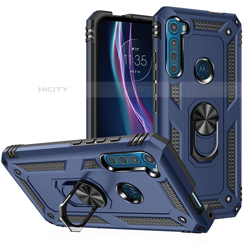 Funda Bumper Silicona y Plastico Mate Carcasa con Magnetico Anillo de dedo Soporte S01 para Motorola Moto One Fusion Plus Azul
