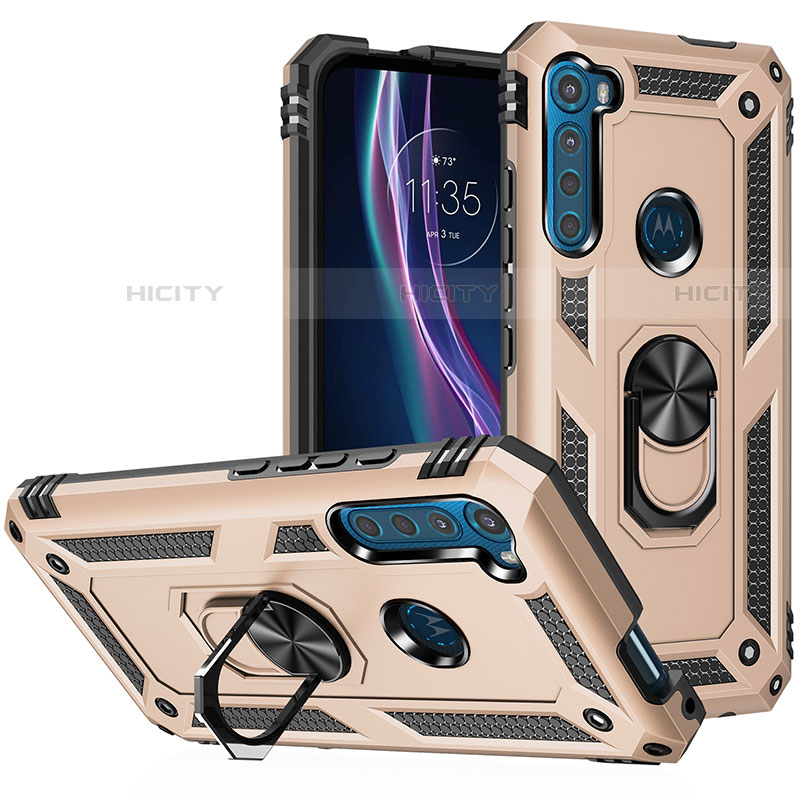 Funda Bumper Silicona y Plastico Mate Carcasa con Magnetico Anillo de dedo Soporte S01 para Motorola Moto One Fusion Plus Oro