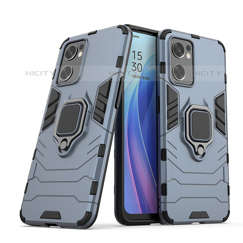 Funda Bumper Silicona y Plastico Mate Carcasa con Magnetico Anillo de dedo Soporte S01 para Oppo Reno7 SE 5G Azul