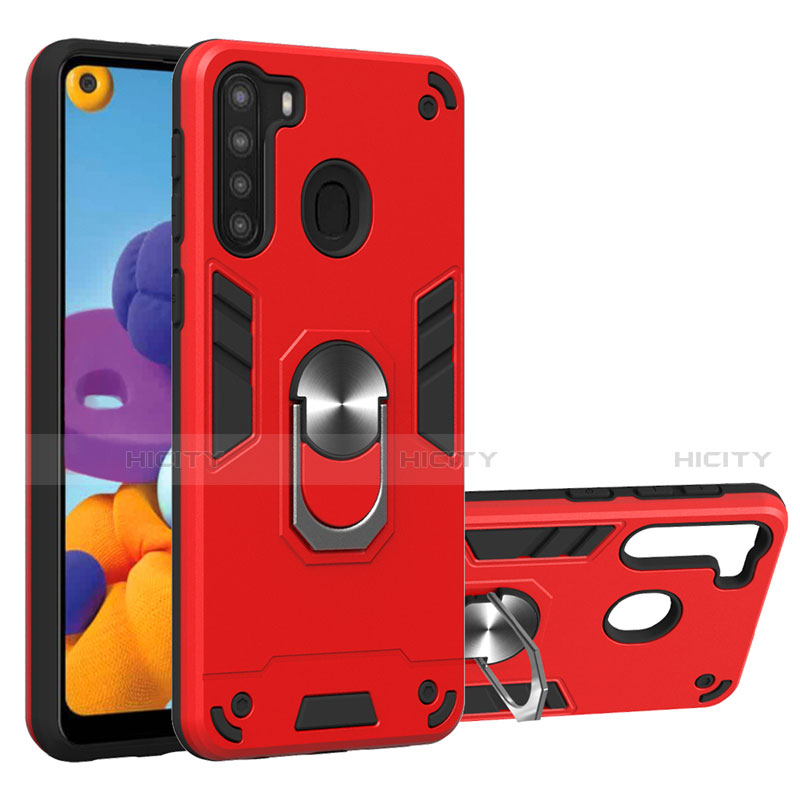 Funda Bumper Silicona y Plastico Mate Carcasa con Magnetico Anillo de dedo Soporte S01 para Samsung Galaxy A21