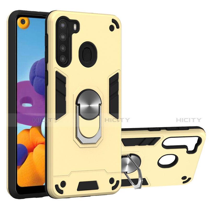 Funda Bumper Silicona y Plastico Mate Carcasa con Magnetico Anillo de dedo Soporte S01 para Samsung Galaxy A21