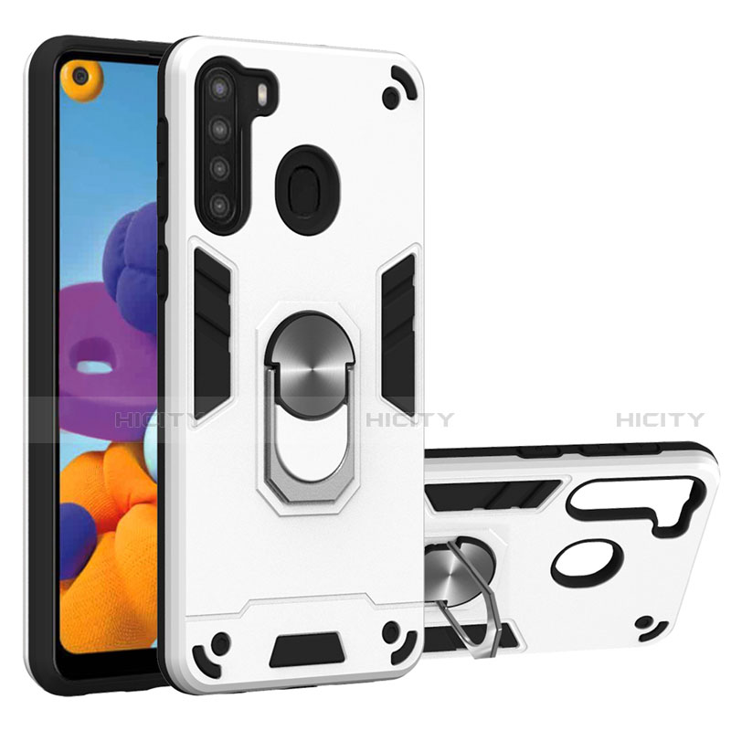 Funda Bumper Silicona y Plastico Mate Carcasa con Magnetico Anillo de dedo Soporte S01 para Samsung Galaxy A21