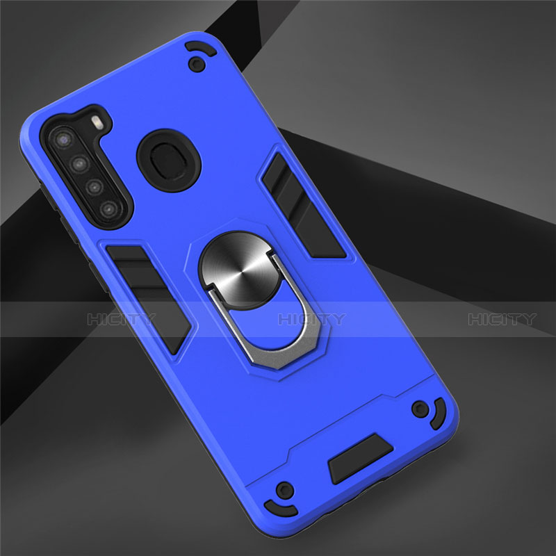 Funda Bumper Silicona y Plastico Mate Carcasa con Magnetico Anillo de dedo Soporte S01 para Samsung Galaxy A21 Azul