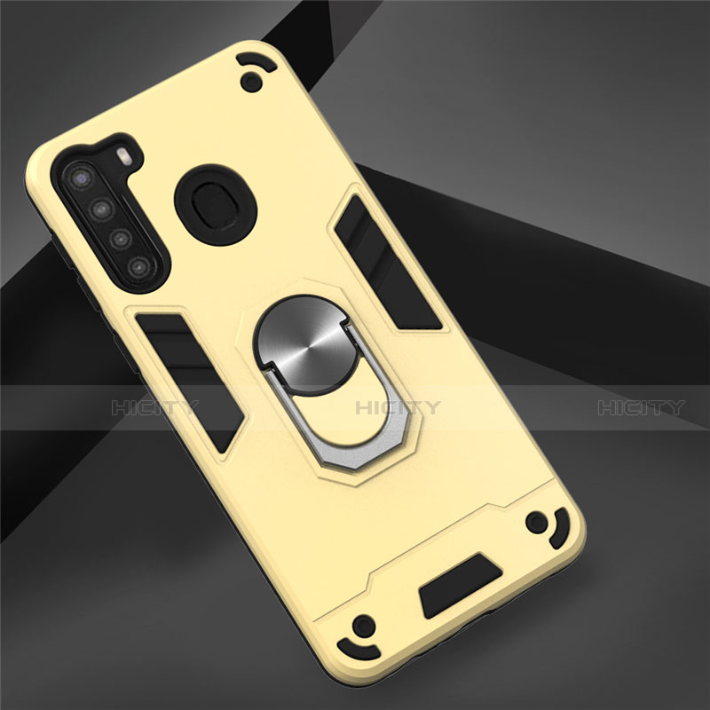 Funda Bumper Silicona y Plastico Mate Carcasa con Magnetico Anillo de dedo Soporte S01 para Samsung Galaxy A21 Oro