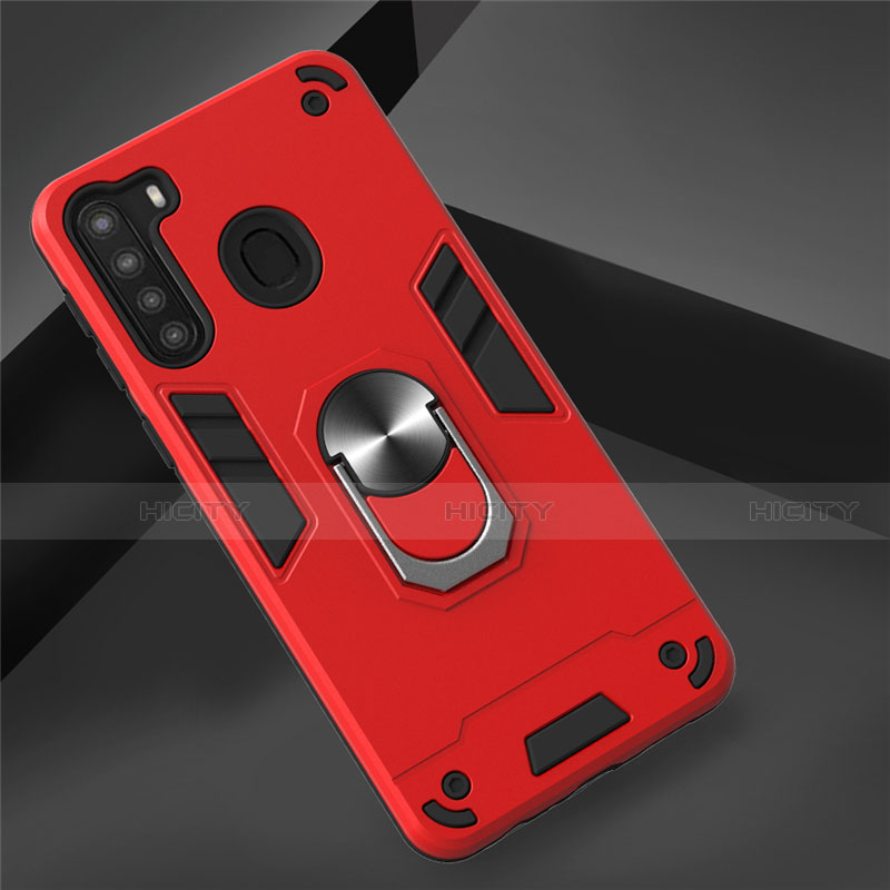 Funda Bumper Silicona y Plastico Mate Carcasa con Magnetico Anillo de dedo Soporte S01 para Samsung Galaxy A21 Rojo