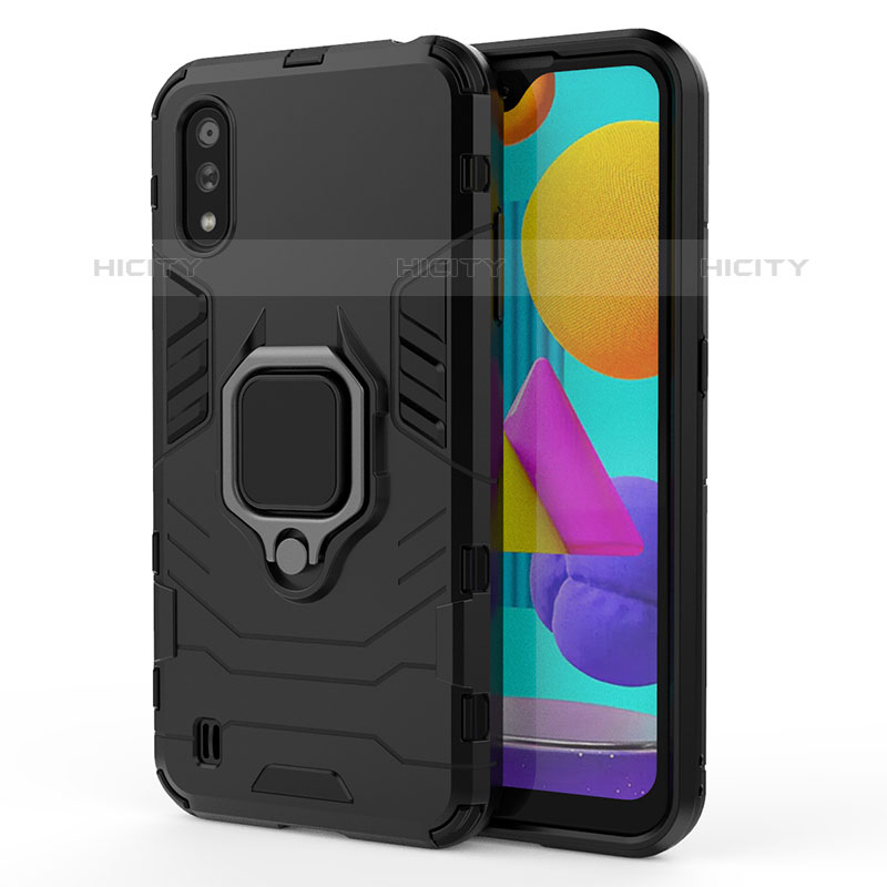 Funda Bumper Silicona y Plastico Mate Carcasa con Magnetico Anillo de dedo Soporte S01 para Samsung Galaxy M01 Negro