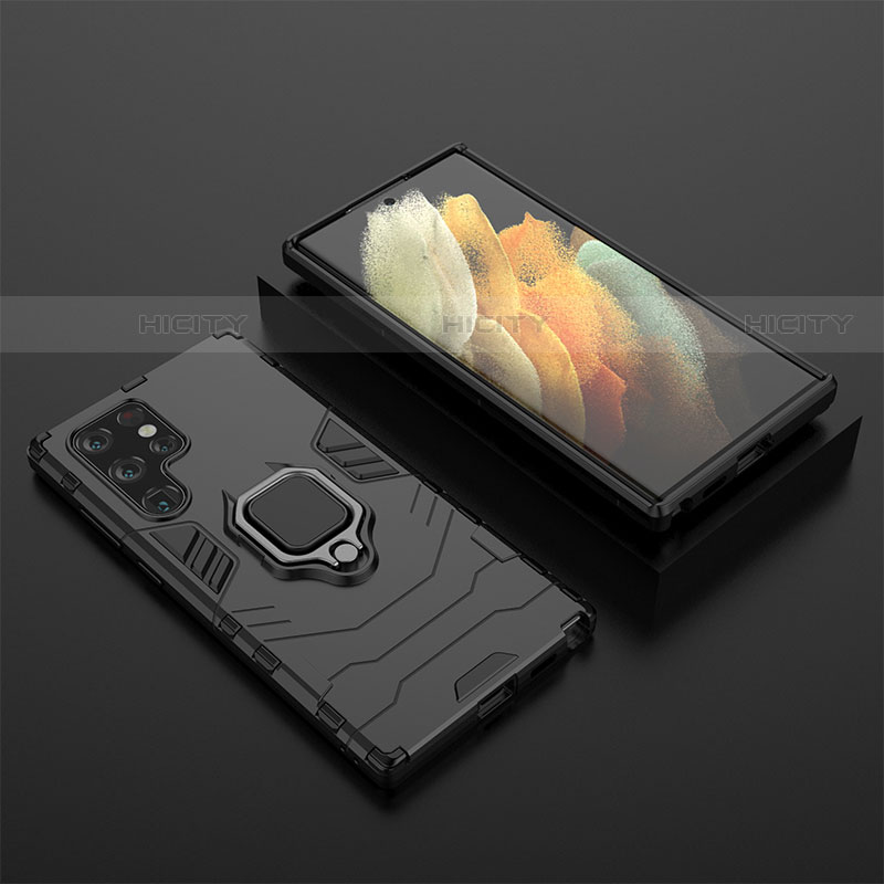 Funda Bumper Silicona y Plastico Mate Carcasa con Magnetico Anillo de dedo Soporte S01 para Samsung Galaxy S21 Ultra 5G Negro