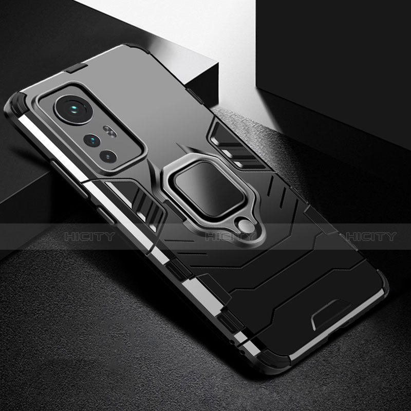 Funda Bumper Silicona y Plastico Mate Carcasa con Magnetico Anillo de dedo Soporte S01 para Xiaomi Mi 12 5G Negro