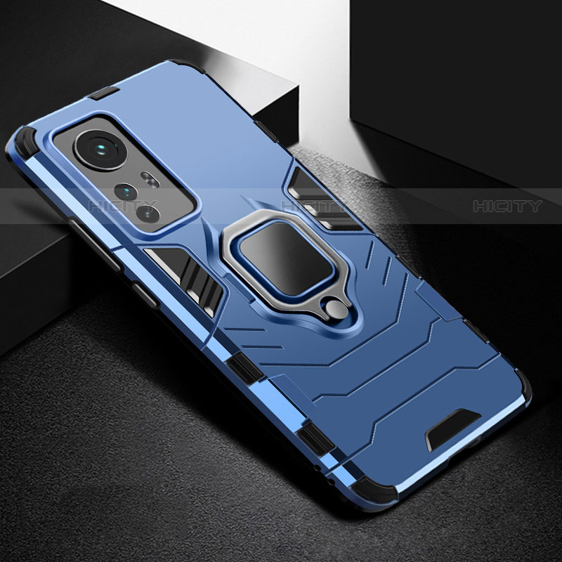 Funda Bumper Silicona y Plastico Mate Carcasa con Magnetico Anillo de dedo Soporte S01 para Xiaomi Mi 12 Pro 5G Azul