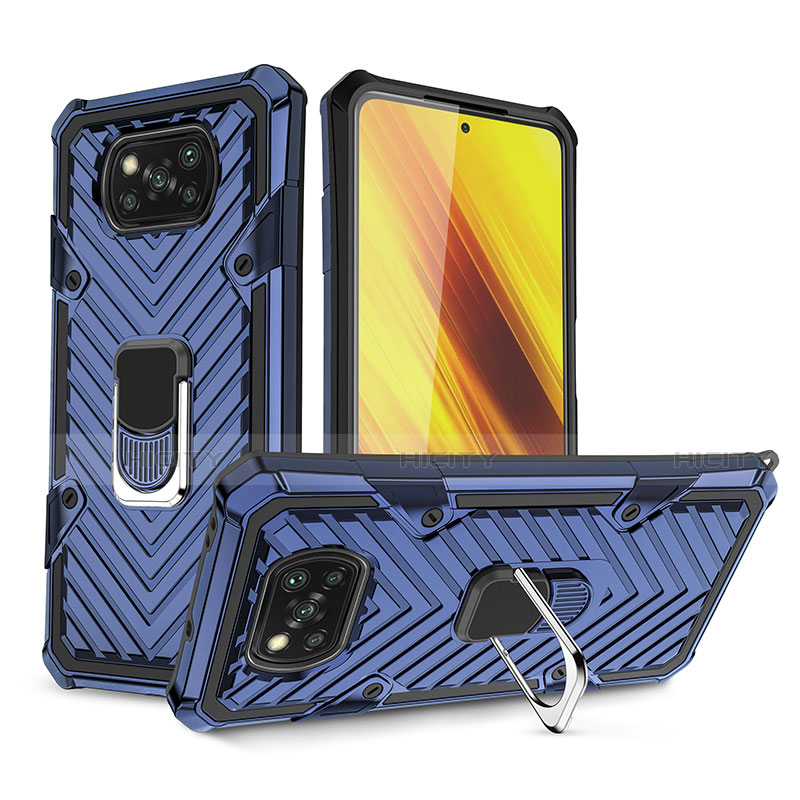 Funda Bumper Silicona y Plastico Mate Carcasa con Magnetico Anillo de dedo Soporte S01 para Xiaomi Poco X3 Azul