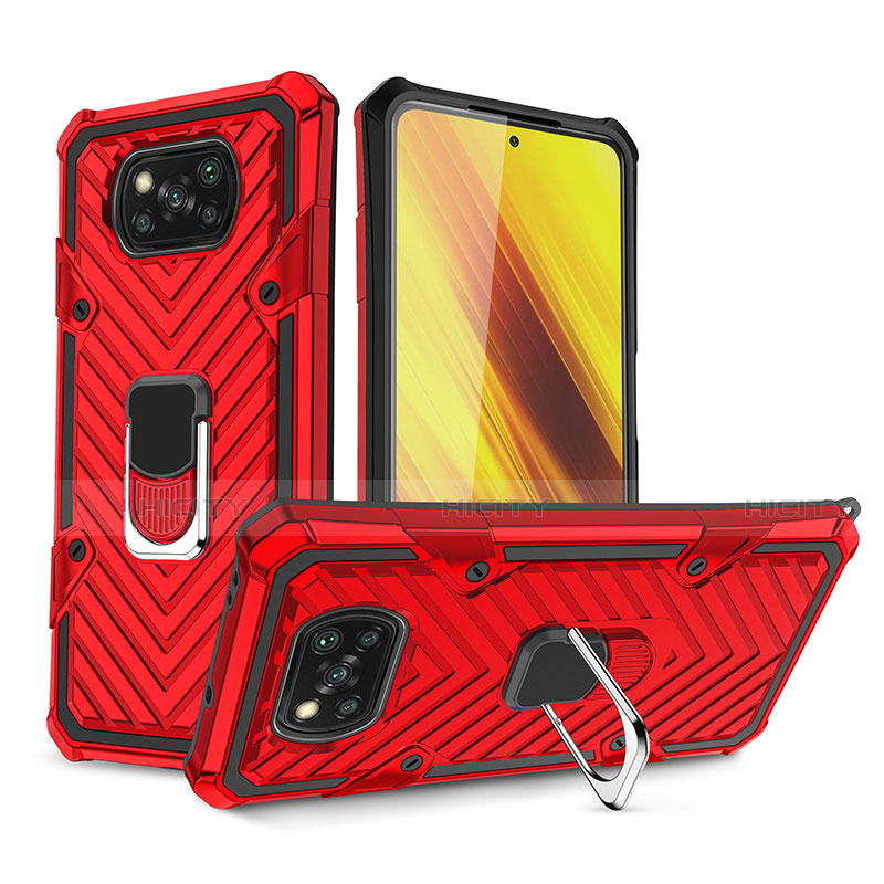 Funda Bumper Silicona y Plastico Mate Carcasa con Magnetico Anillo de dedo Soporte S01 para Xiaomi Poco X3 Pro Rojo