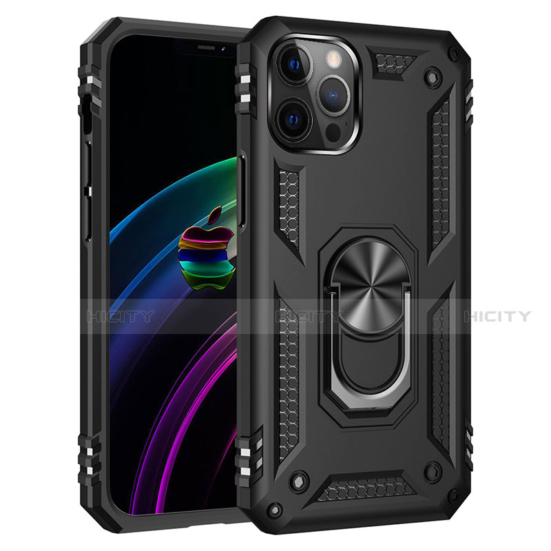 Funda Bumper Silicona y Plastico Mate Carcasa con Magnetico Anillo de dedo Soporte S02 para Apple iPhone 12 Pro Max Negro