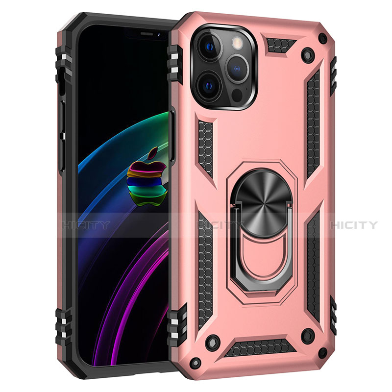 Funda Bumper Silicona y Plastico Mate Carcasa con Magnetico Anillo de dedo Soporte S02 para Apple iPhone 12 Pro Oro Rosa