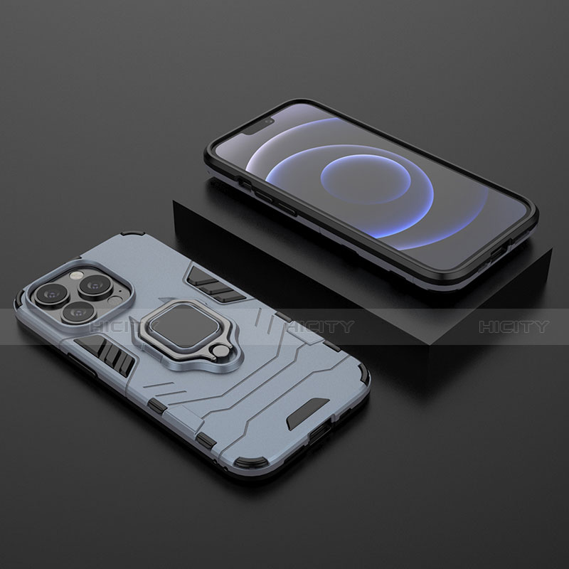 Funda Bumper Silicona y Plastico Mate Carcasa con Magnetico Anillo de dedo Soporte S02 para Apple iPhone 13 Pro Azul