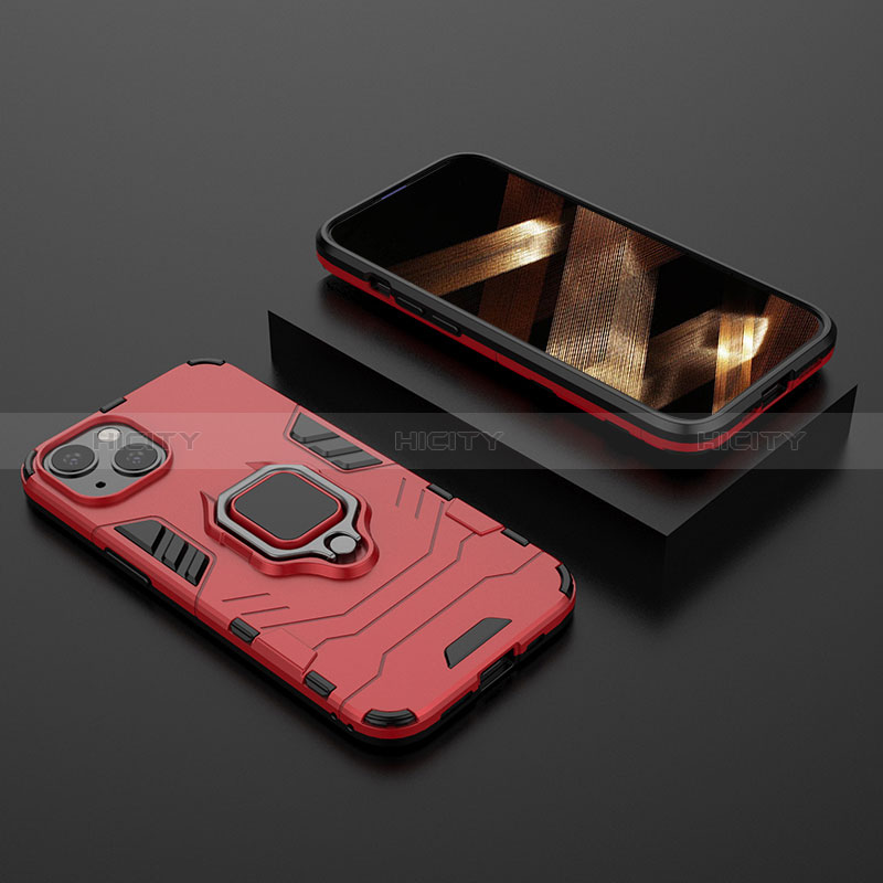 Funda Bumper Silicona y Plastico Mate Carcasa con Magnetico Anillo de dedo Soporte S02 para Apple iPhone 15 Rojo