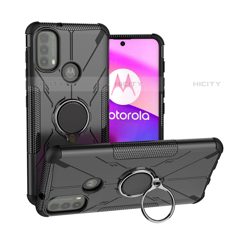 Funda Bumper Silicona y Plastico Mate Carcasa con Magnetico Anillo de dedo Soporte S02 para Motorola Moto E30