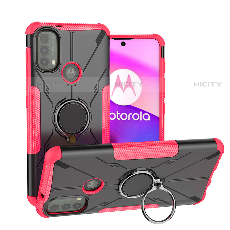 Funda Bumper Silicona y Plastico Mate Carcasa con Magnetico Anillo de dedo Soporte S02 para Motorola Moto E40 Rosa Roja