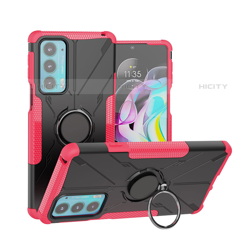 Funda Bumper Silicona y Plastico Mate Carcasa con Magnetico Anillo de dedo Soporte S02 para Motorola Moto Edge 20 5G Rosa Roja