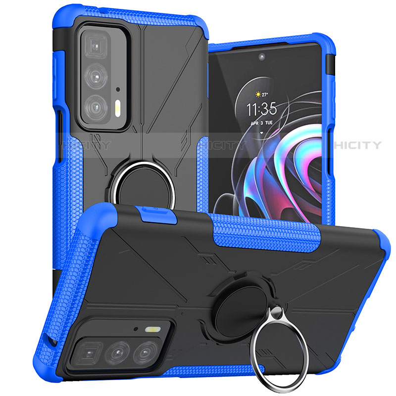 Funda Bumper Silicona y Plastico Mate Carcasa con Magnetico Anillo de dedo Soporte S02 para Motorola Moto Edge 20 Pro 5G Azul