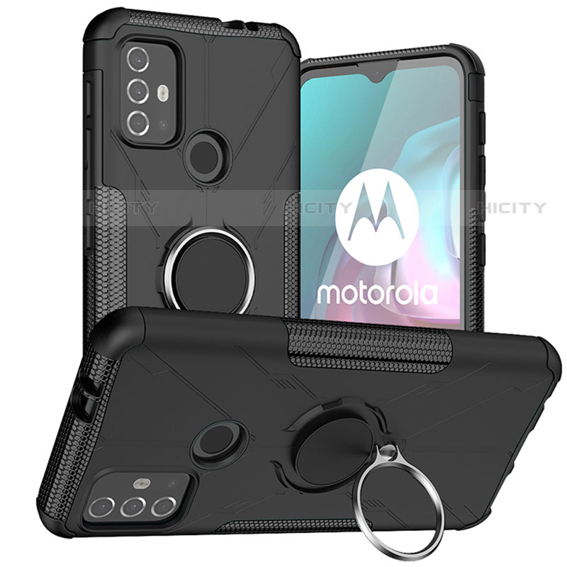 Funda Bumper Silicona y Plastico Mate Carcasa con Magnetico Anillo de dedo Soporte S02 para Motorola Moto G20 Negro
