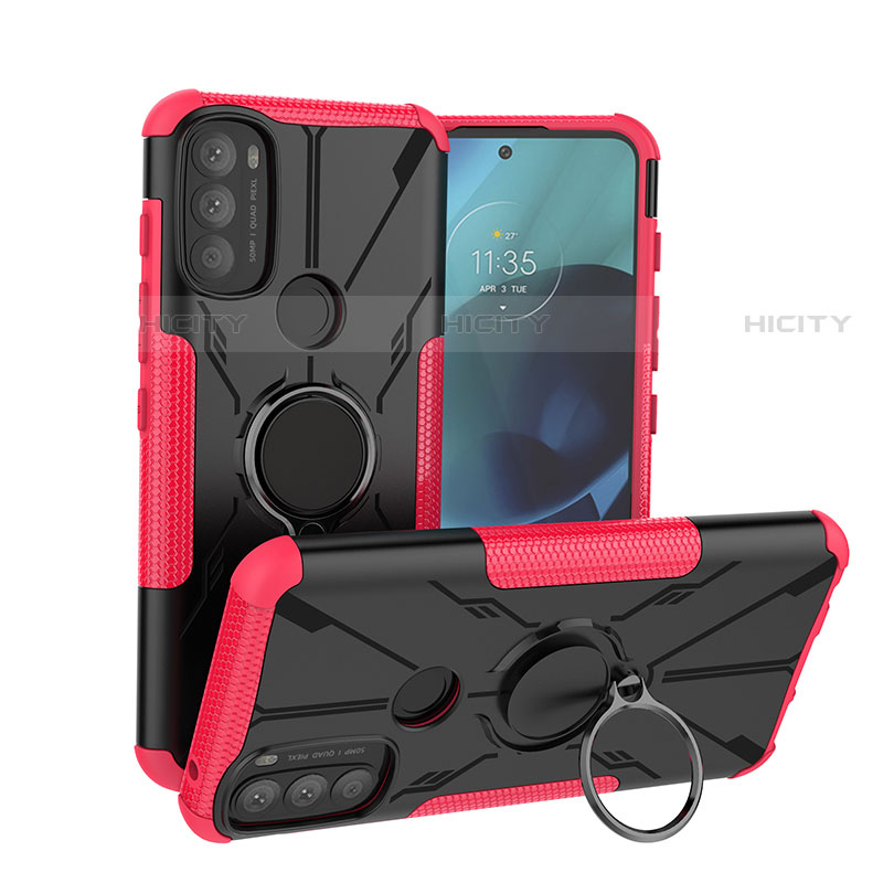 Funda Bumper Silicona y Plastico Mate Carcasa con Magnetico Anillo de dedo Soporte S02 para Motorola Moto G71 5G Rosa Roja