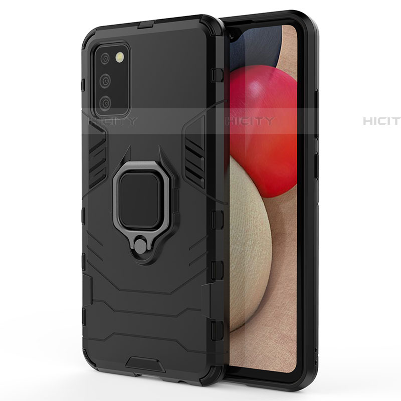 Funda Bumper Silicona y Plastico Mate Carcasa con Magnetico Anillo de dedo Soporte S02 para Samsung Galaxy A03s Negro