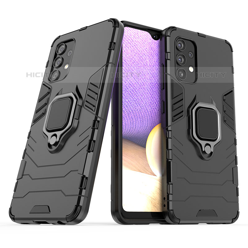 Funda Bumper Silicona y Plastico Mate Carcasa con Magnetico Anillo de dedo Soporte S02 para Samsung Galaxy M32 5G Negro