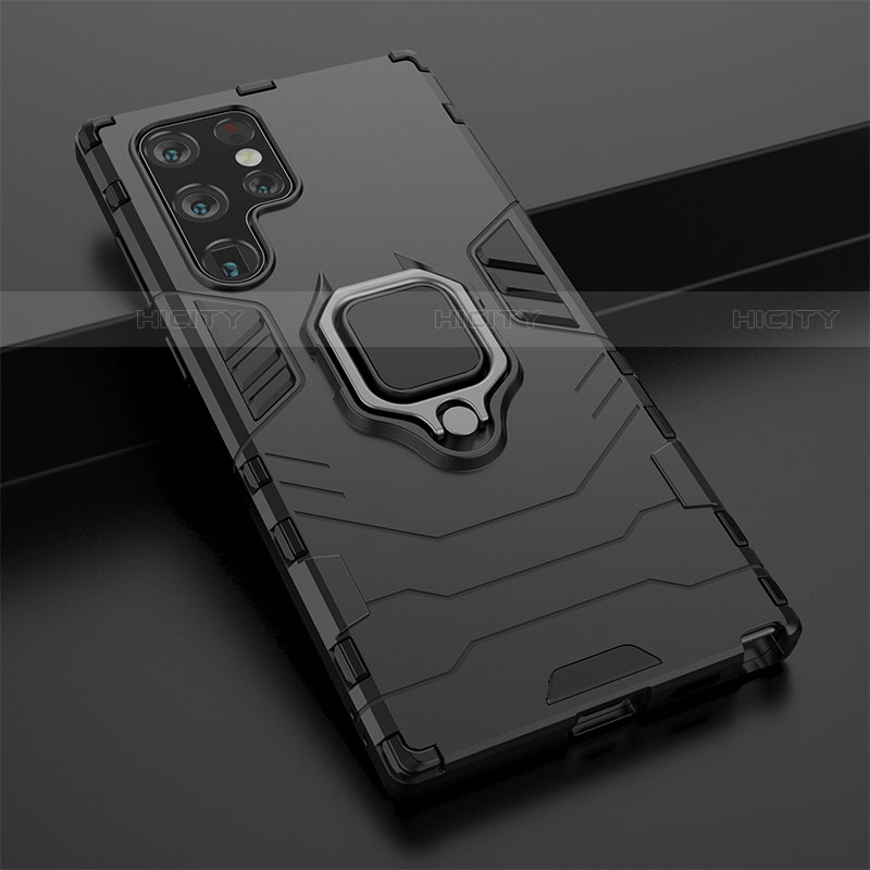Funda Bumper Silicona y Plastico Mate Carcasa con Magnetico Anillo de dedo Soporte S02 para Samsung Galaxy S22 Ultra 5G