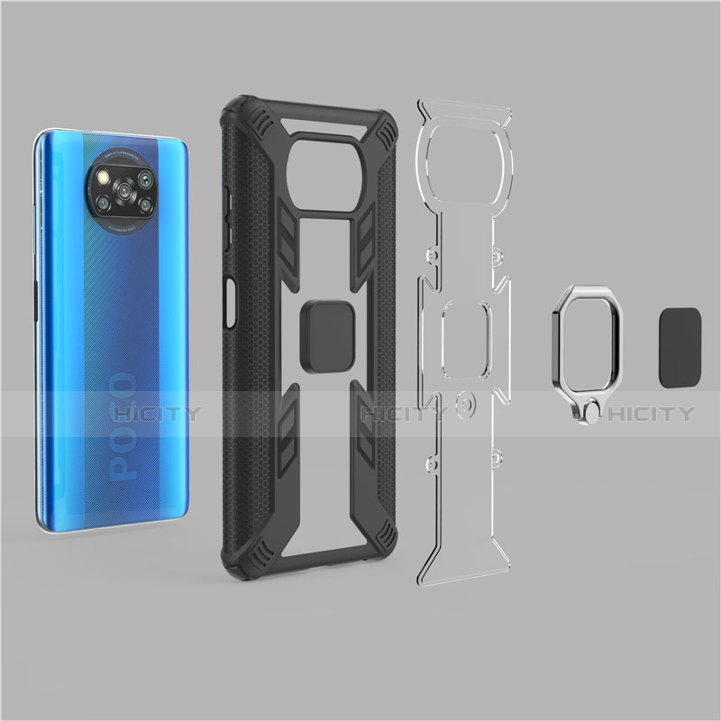 Funda Bumper Silicona y Plastico Mate Carcasa con Magnetico Anillo de dedo Soporte S02 para Xiaomi Poco X3 NFC